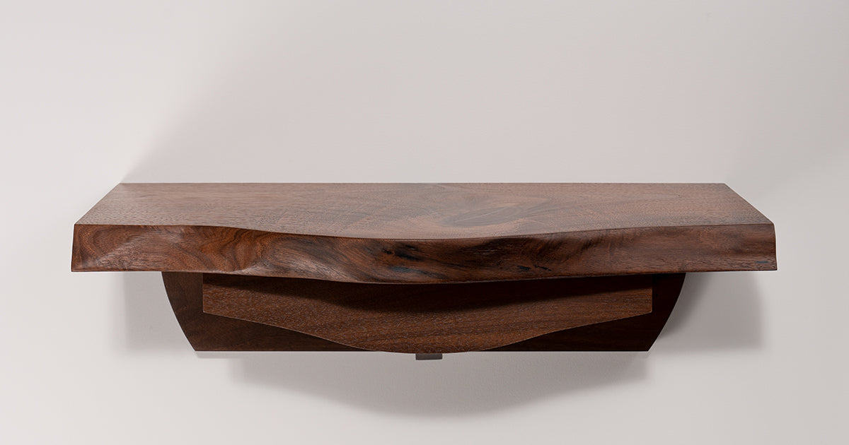 A live edge walnut console table front view