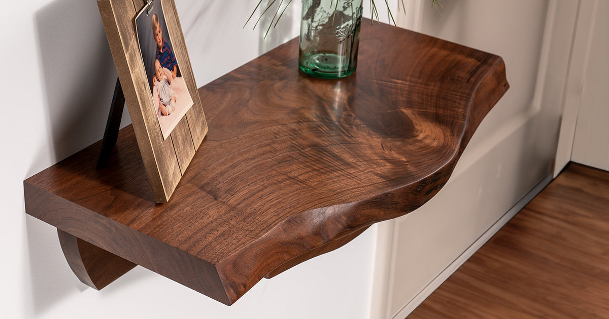 a live edge walnut floating console table