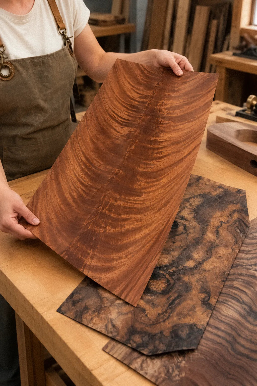 Asha holding a sheet of figured mahogany crotch burl veneer in the studio, with two more burl veneer sheets on the workbench