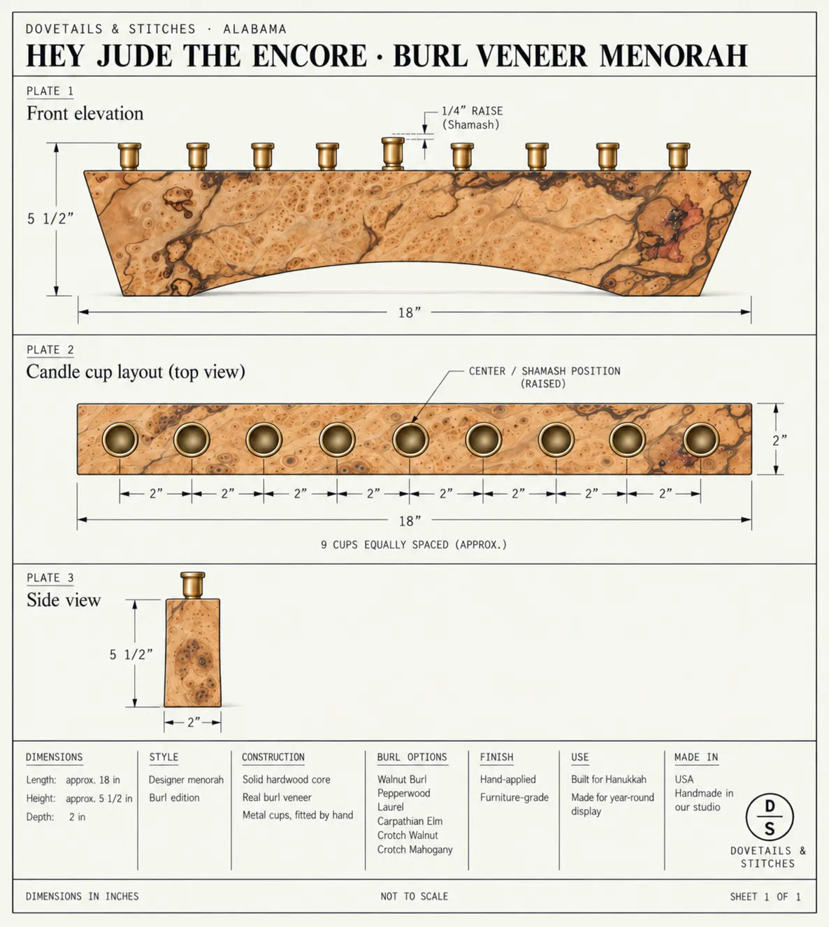 Technical dimension drawing of the Hey Jude The Encore menorah, showing front and side views with measurements — approximately 18 inches long, 5½ inches tall, and 2 inches deep, with nine candle cups