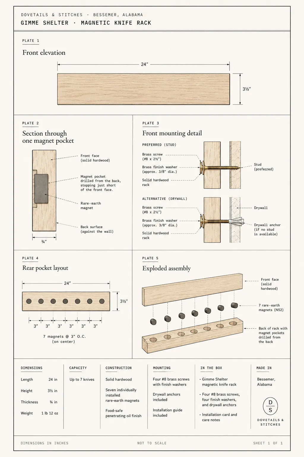 Gimme Shelter Magnetic Knife Rack dimensioned drawing