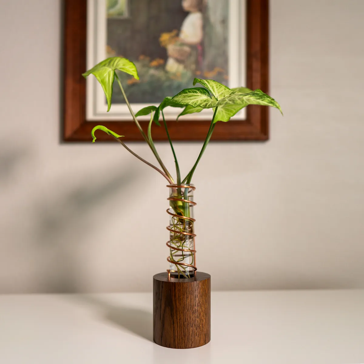 Lean on Me propagation vase made from solid oak with a spiral copper support and glass test tube, standing upright on a wood base