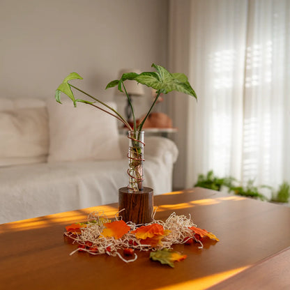 Angled view of the Lean on Me propagation station showing the polished copper spiral and warm oak grain