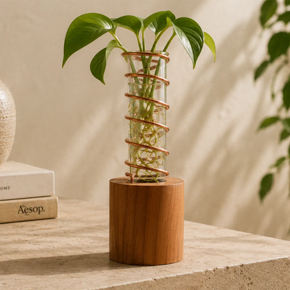 Handmade Lean on Me propagation vase with a solid cherry wood base, polished copper support, and oversized glass tube for plant cuttings.
