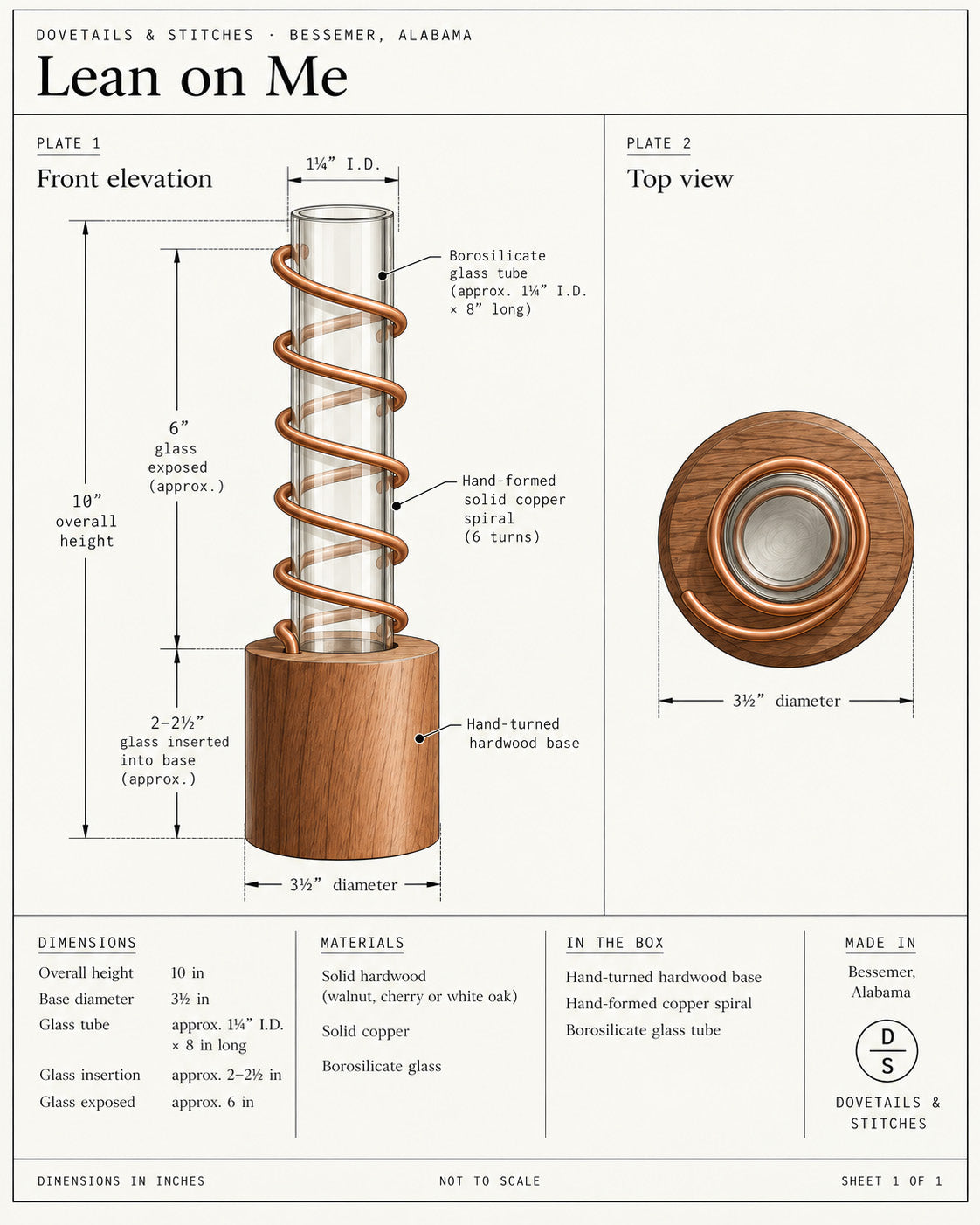 Technical specification drawing of the Lean on Me propagation vase, showing a front elevation and top view with a hand-turned hardwood base, six-turn solid copper spiral, and borosilicate glass tube. Dimensions note an overall height of about 10 inches, a 3½-inch base diameter, and an 8-inch glass tube with a 1¼-inch inside diameter.
