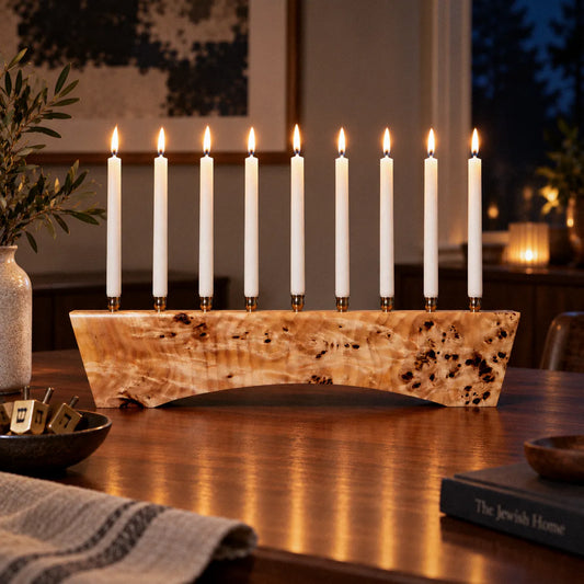 Hey Jude luxury menorah in solid Mappa burl with nine lit candles in brass cups, on a dining table with dreidels and an olive branches