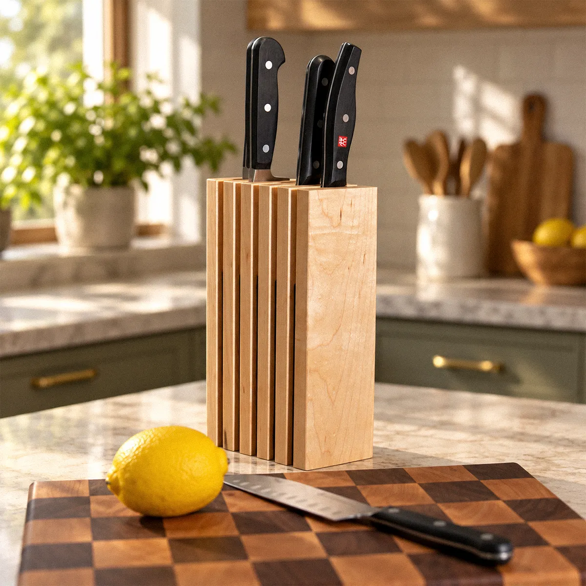The Chain knife block in solid hard maple on a kitchen counter, four knives in the slots with the ebony-dyed oak dividers visible between the slats