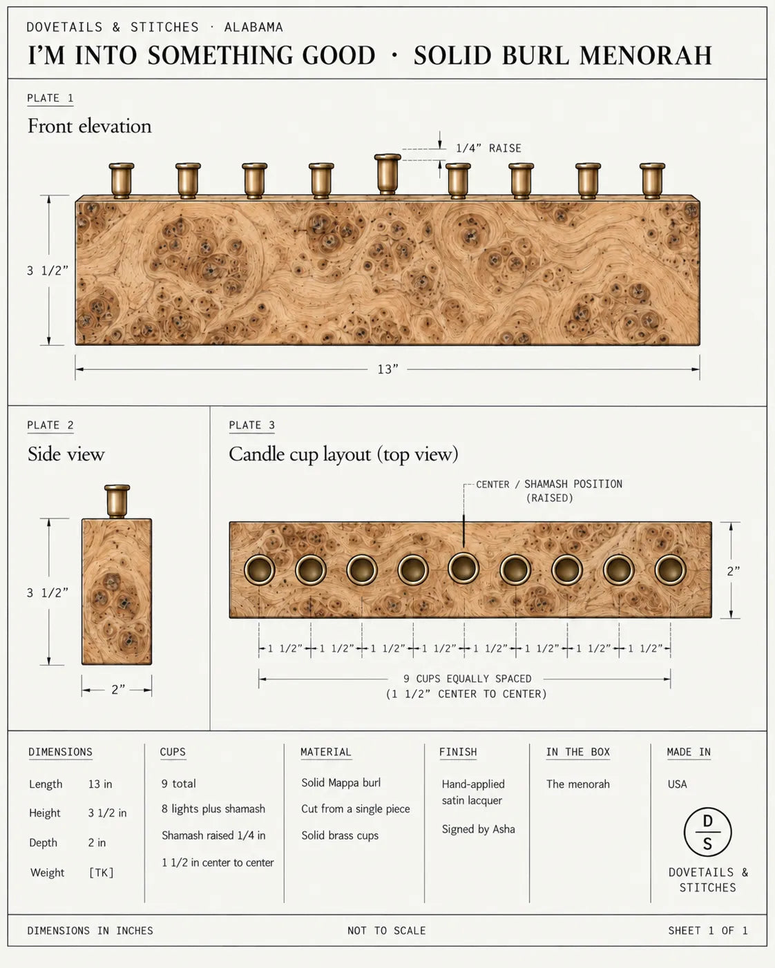 Solid Burl Menorah – I’m Into Something Good dimensioned drawing