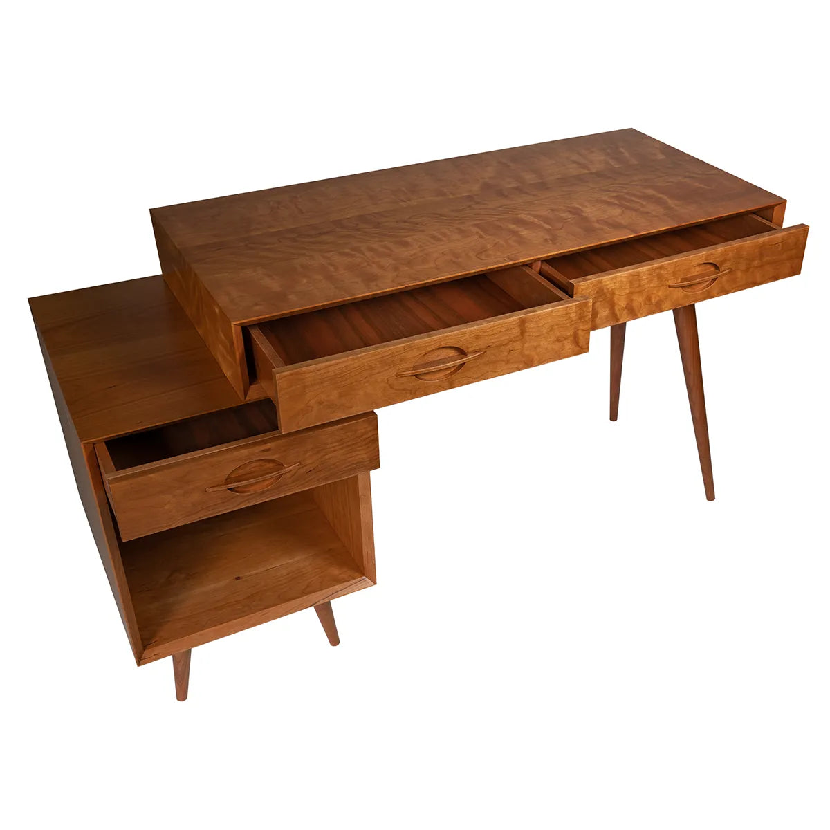 Open drawer on mid-century modern cherry desk, handcrafted solid wood writing desk with storage
