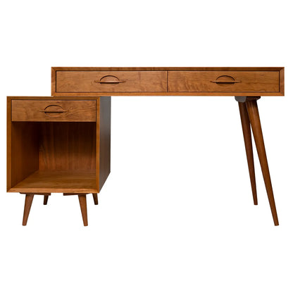 Mid-century modern desk in solid cherry, front view, minimalist custom writing desk for home office
