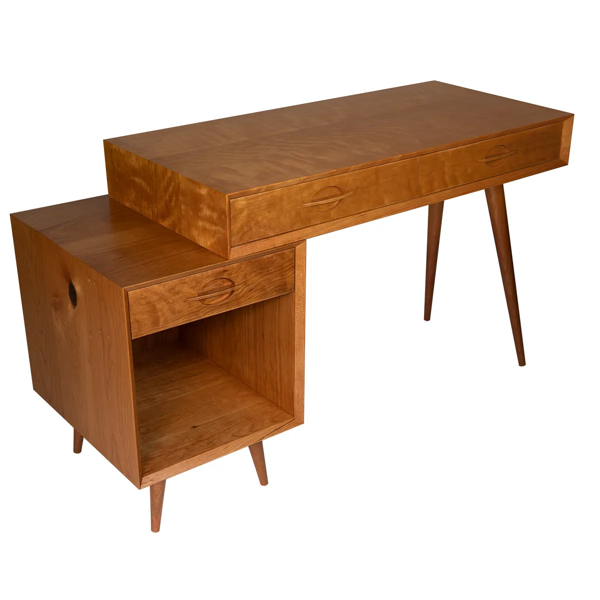 Side view of mid-century modern desk in cherry, showing minimalist profile and tapered legs
