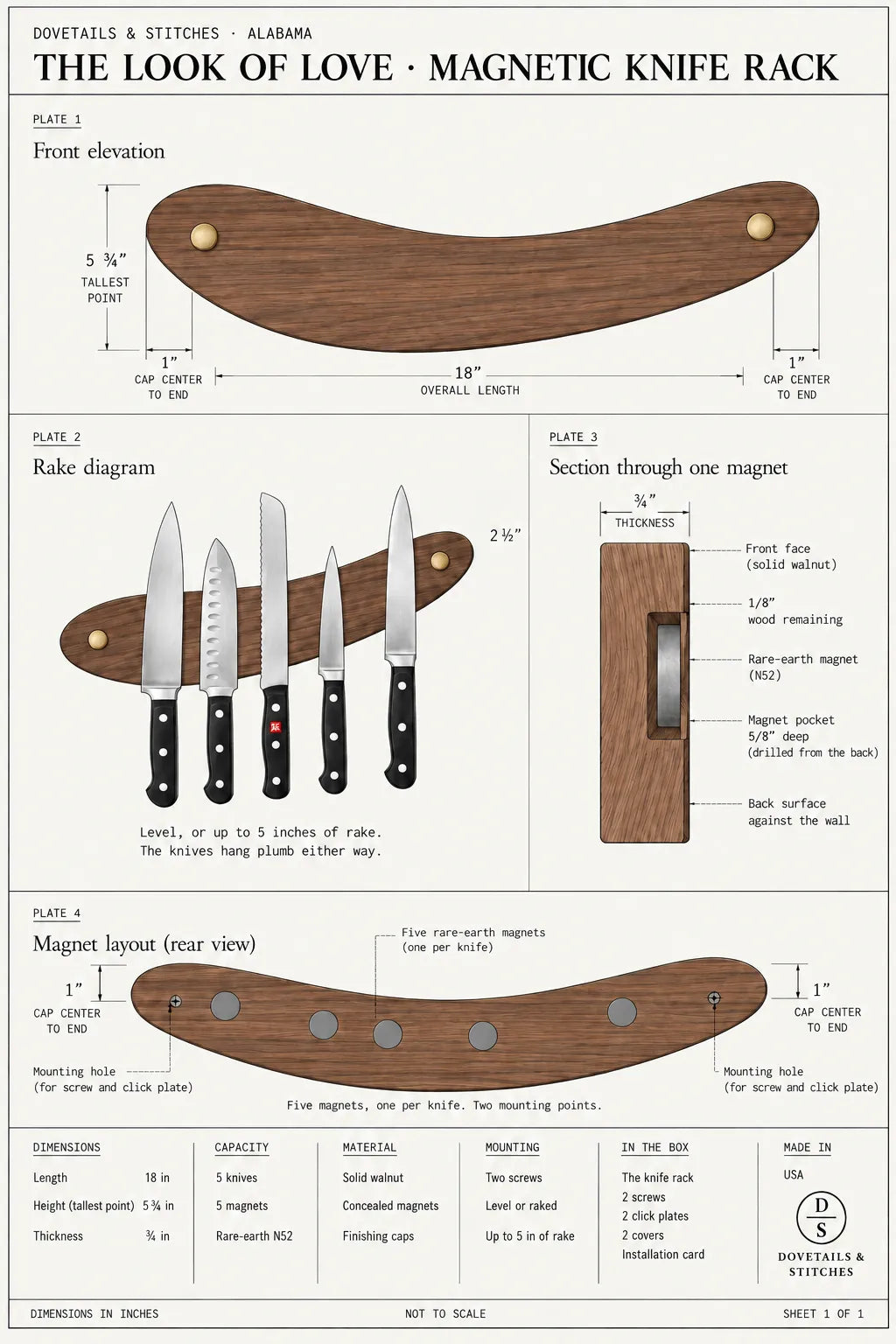 Mid-Century Magnetic Knife Rack – The Look of Love dimensioned drawing