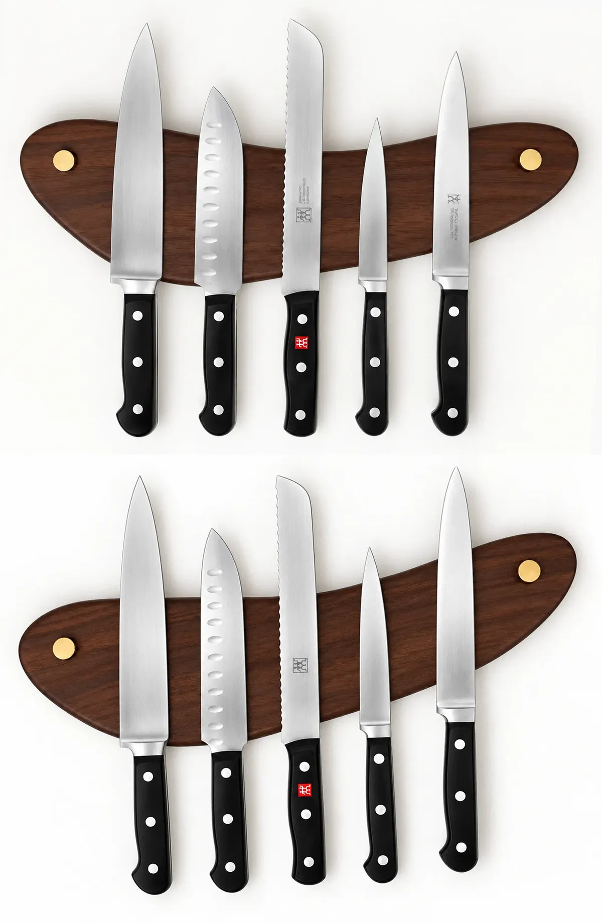 The Look of Love walnut knife rack shown twice, mounted level and with two and a half inches of rake, the knives hanging plumb in both