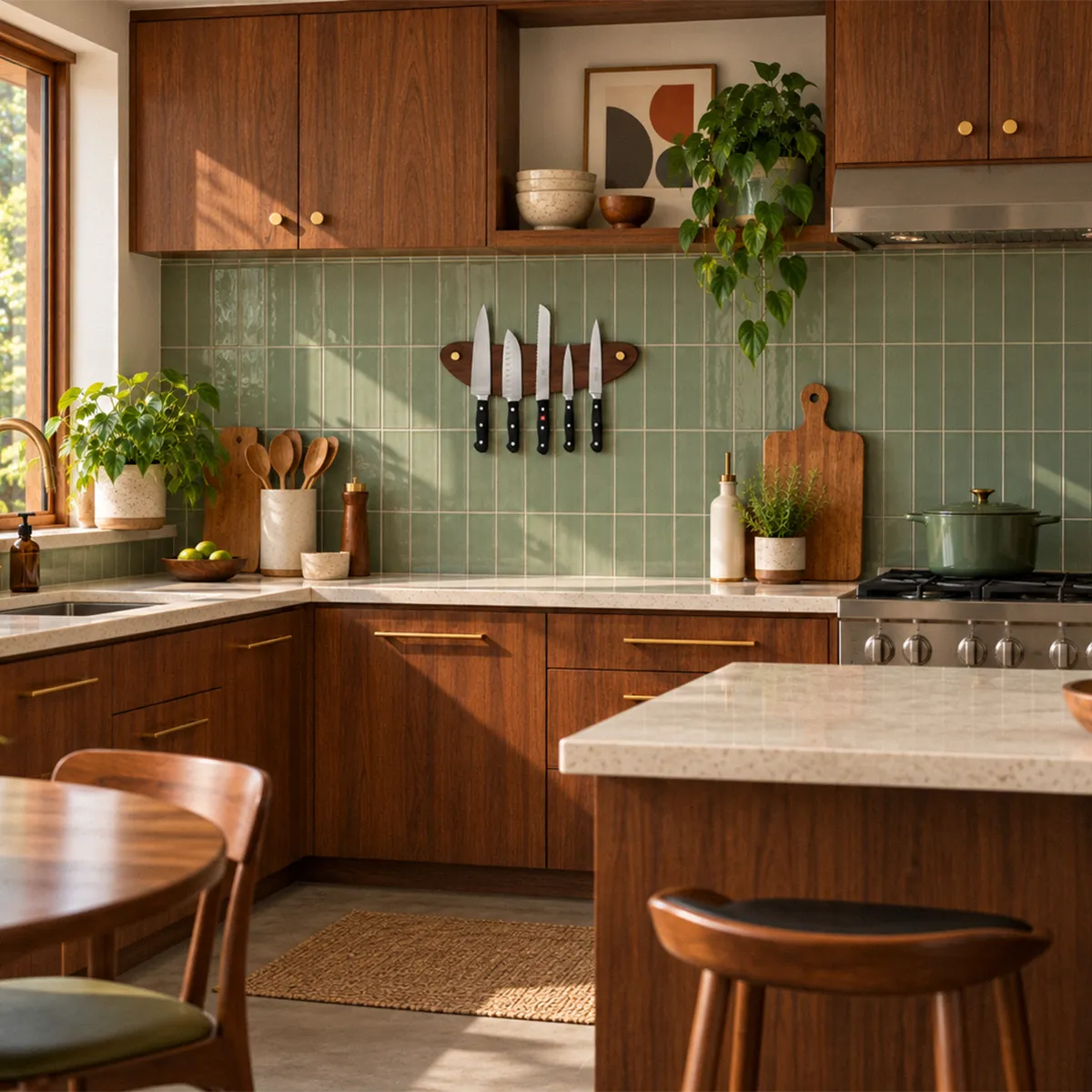 The Look of Love walnut magnetic knife rack mounted on a green tile backsplash in a mid-century modern kitchen, holding five knives