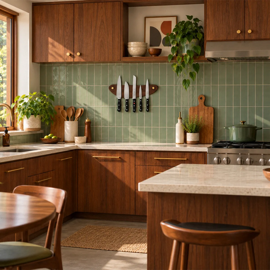 The Look of Love walnut magnetic knife rack mounted on a green tile backsplash in a mid-century modern kitchen, holding five knives