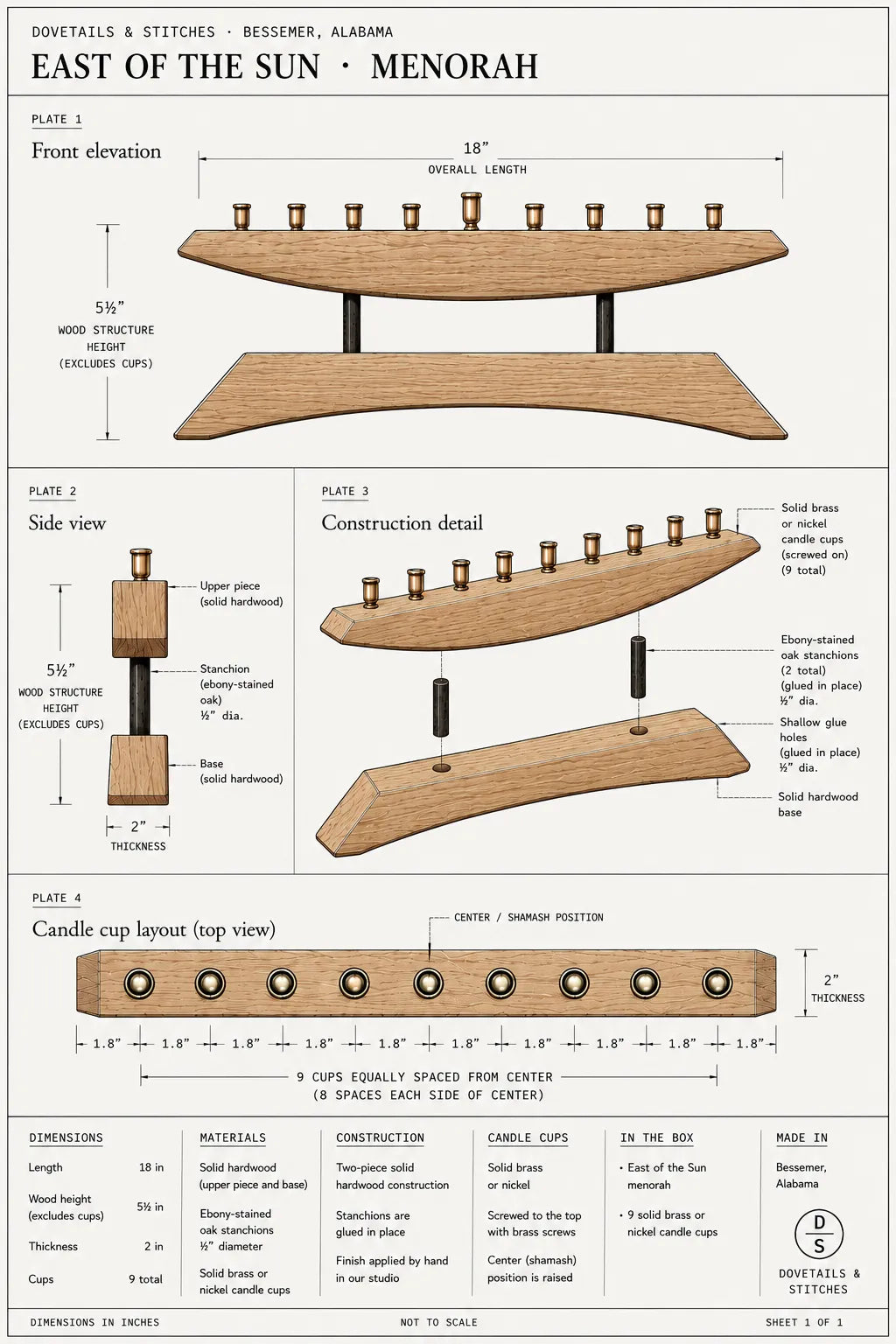 Modern Handmade Menorah: East of the Sun dimensioned drawing