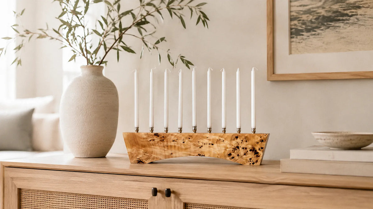 Handmade wooden Hanukkah menorahs by Dovetails and Stitches