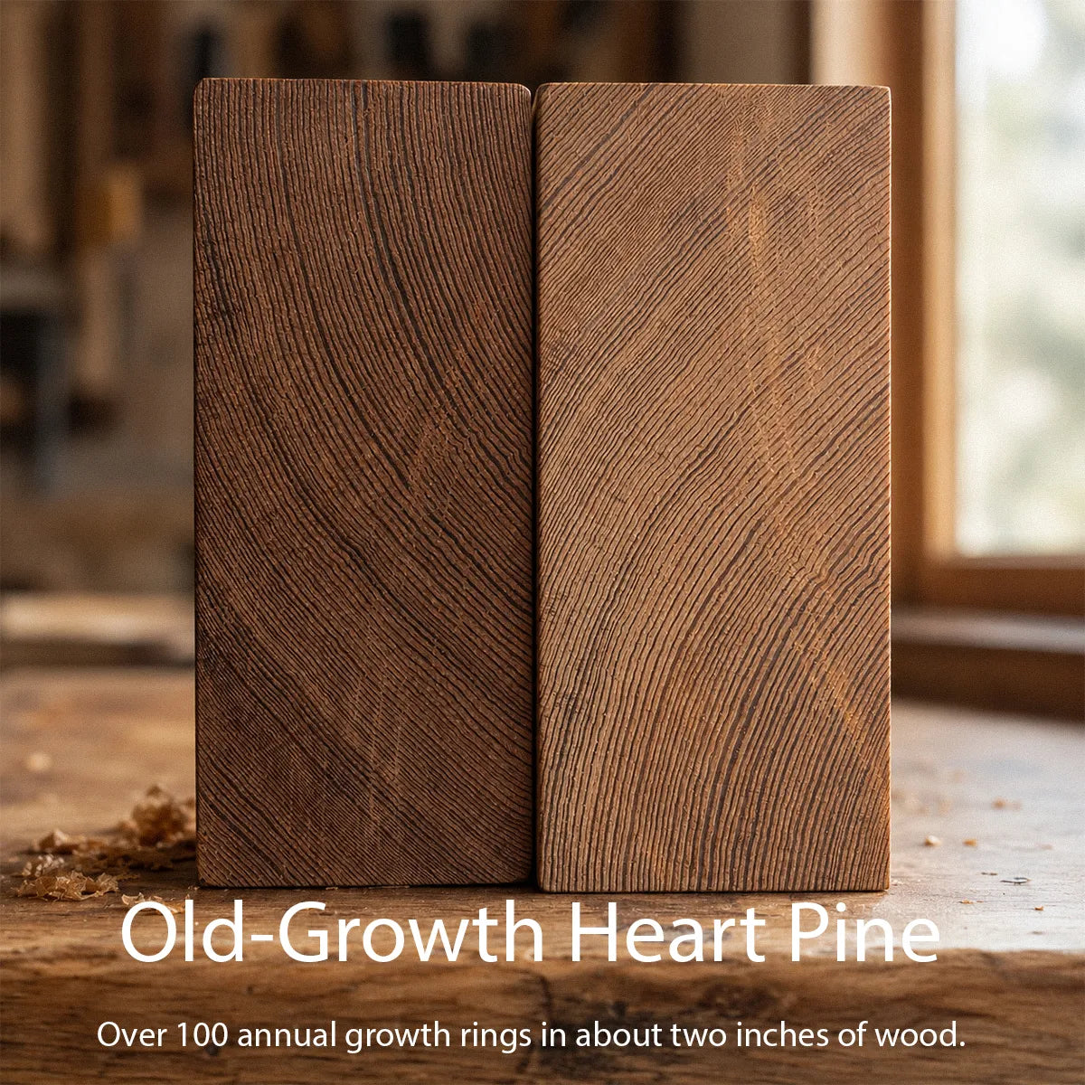 Two blocks of old-growth reclaimed heart pine showing tight end-grain with over 100 annual growth rings in about two inches of wood