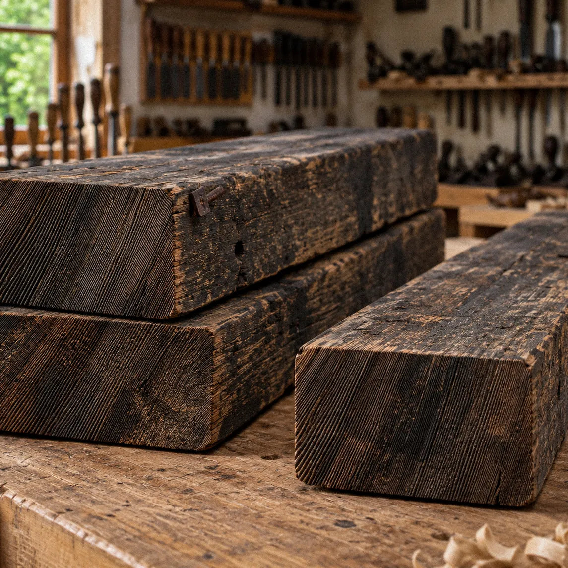 Reclaimed heart pine beams on a workbench in the studio, one cut end showing the tight old-growth growth rings and an old nail still in the wood.