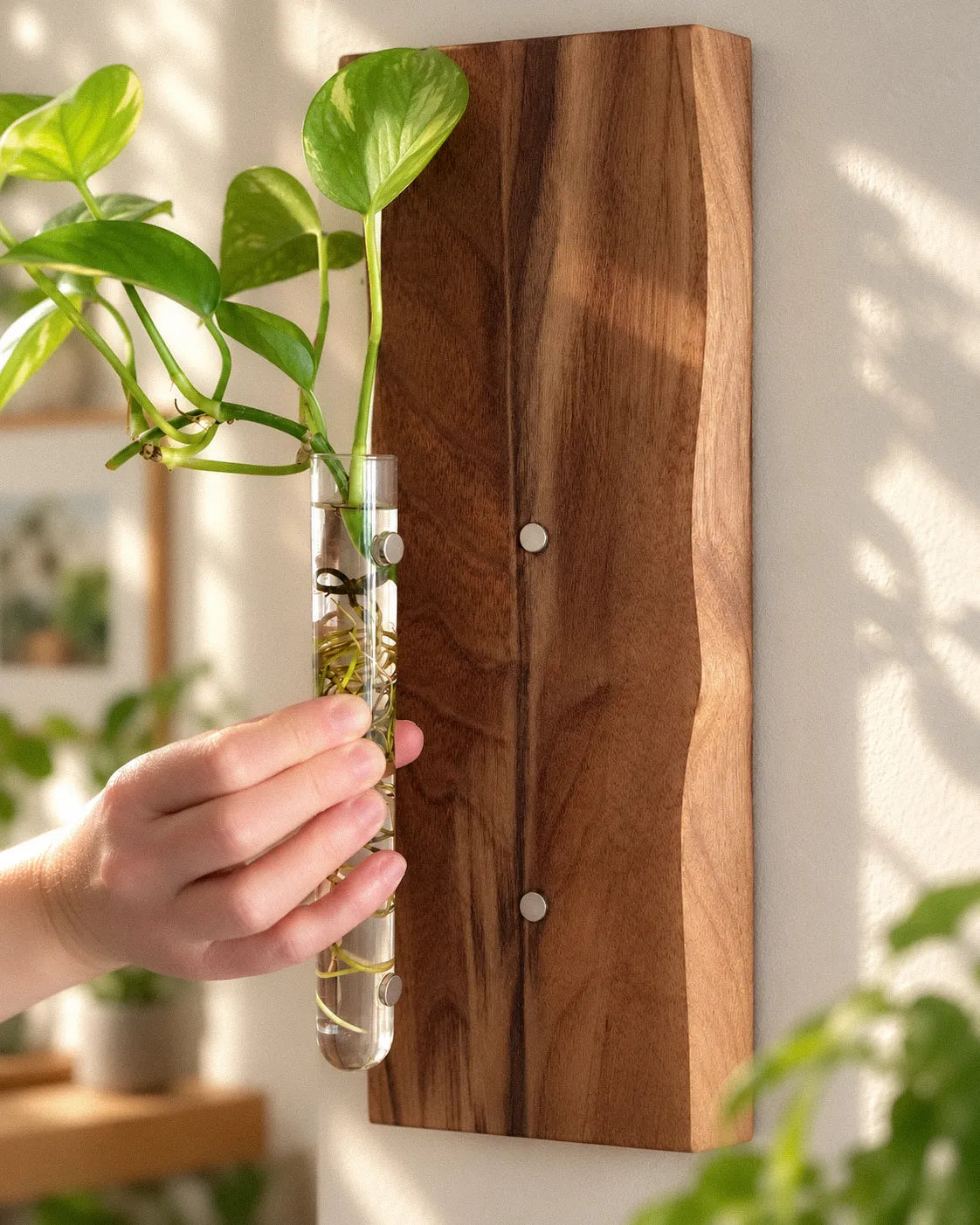 Hand removing a glass propagation tube with visible plant roots from a walnut wall-mounted propagation station.
