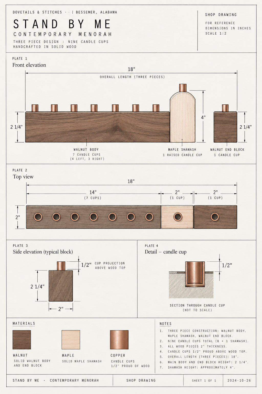 Contemporary Menorah – Stand By Me dimensioned drawing