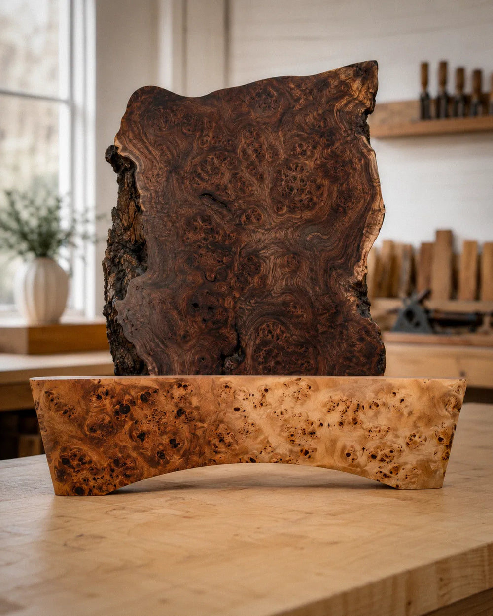 A pale mappa burl menorah body on a maple workbench, with a dark walnut burl slab standing behind it