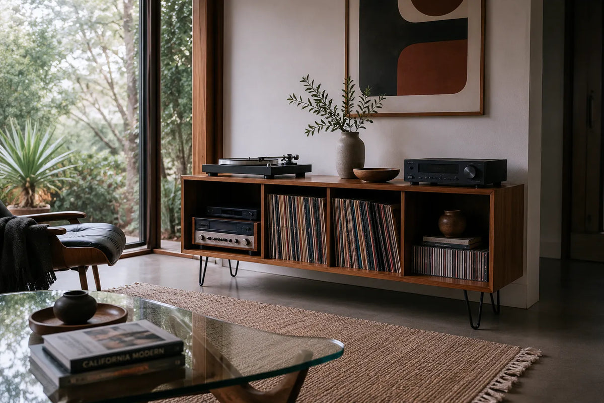 Sweet Caroline mid-century media console in solid wood with a turntable and record storage