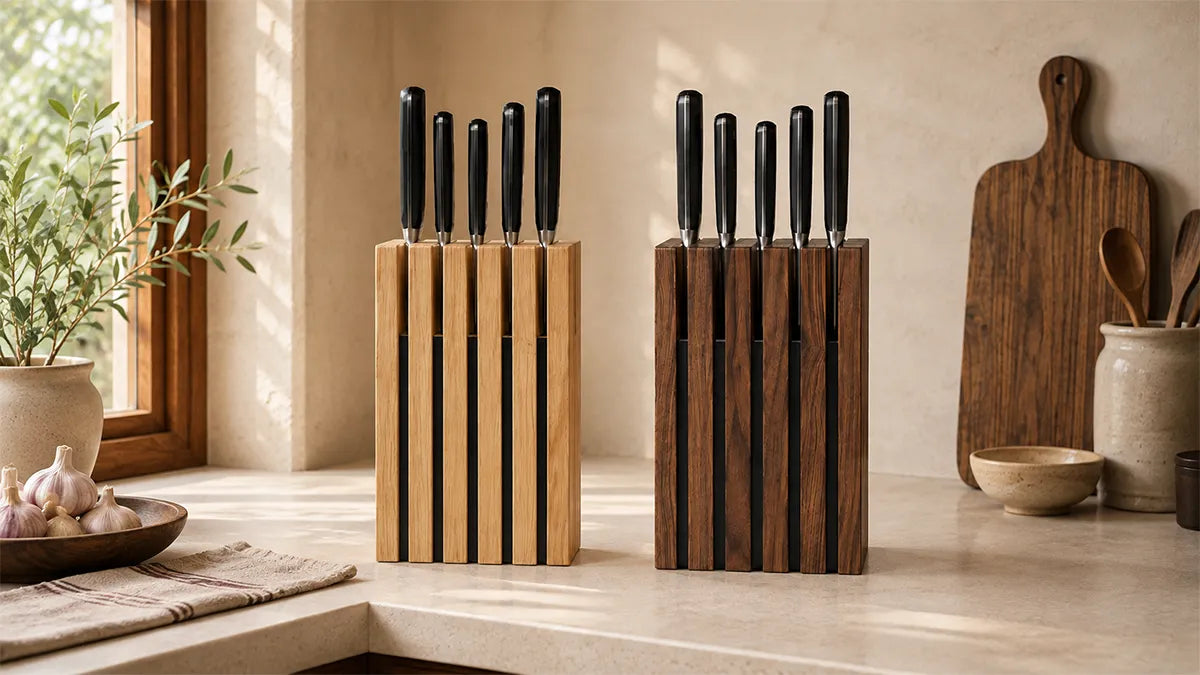 Two of The Chain hardwood knife blocks, one maple and one walnut, on a kitchen counter