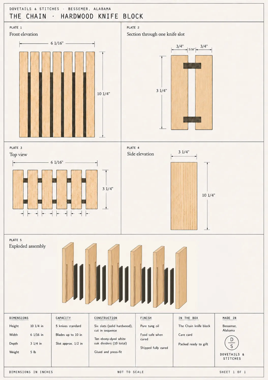 A technical dimension drawing for The Chain Hardwood Knife Block by Dovetails & Stitches, showing multiple views, cross-sections, and an exploded assembly with measurements in inches on a light beige background.