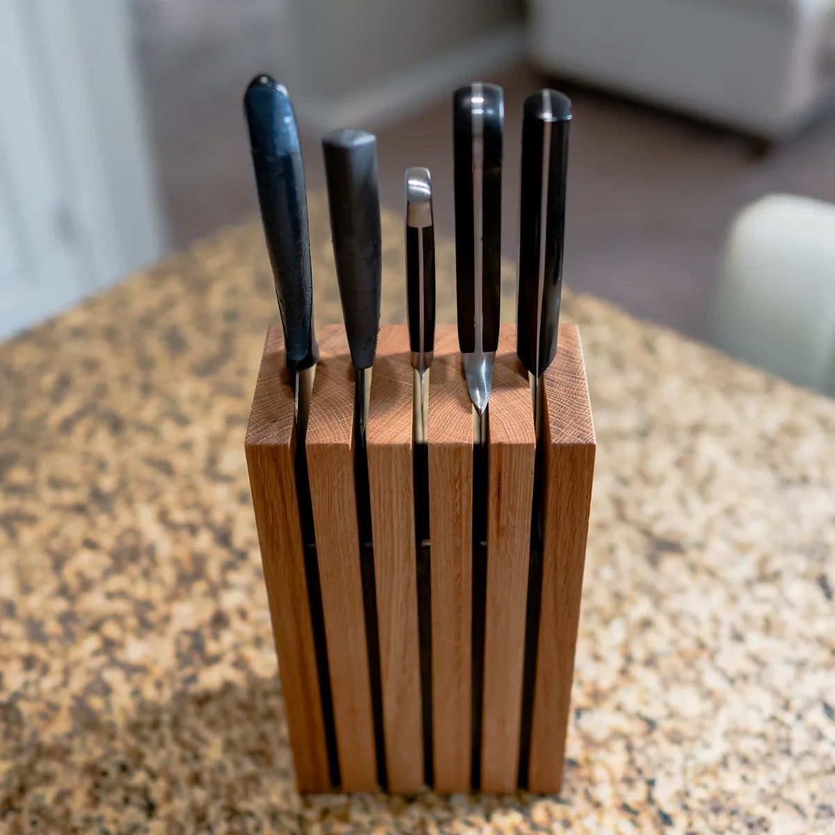 Top view of The Chain knife block in white oak showing size, proportions, and slot layout