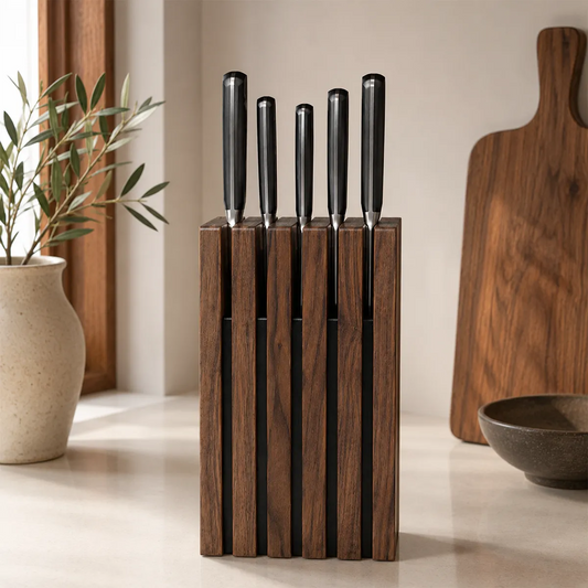 Front view of The Chain knife block in solid walnut holding kitchen knives