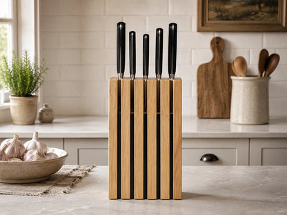 Front view of The Chain knife block in white oak holding kitchen knives