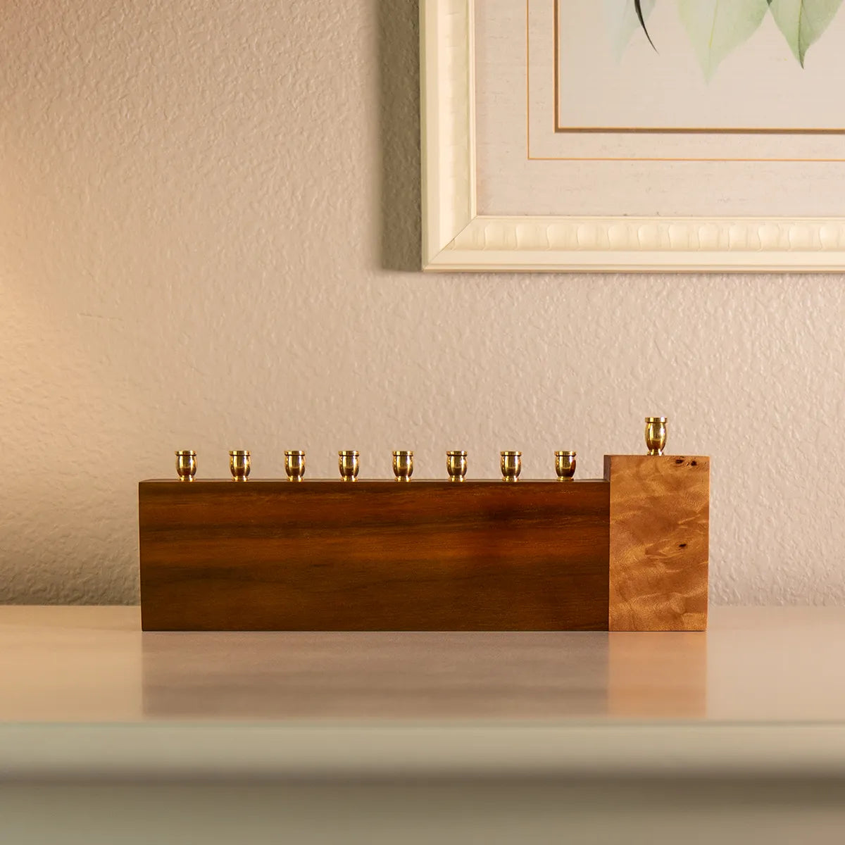 Handcrafted unique menorah with clean rectangular walnut block and offset mappa burl detail