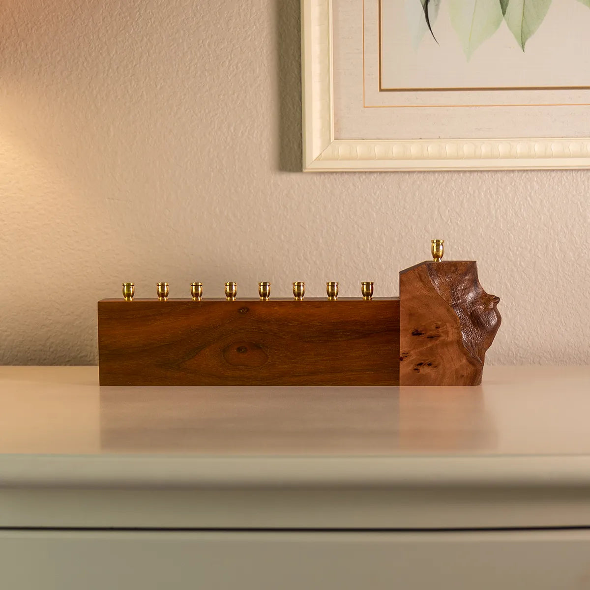 Handcrafted modern menorah in walnut with mappa burl accent