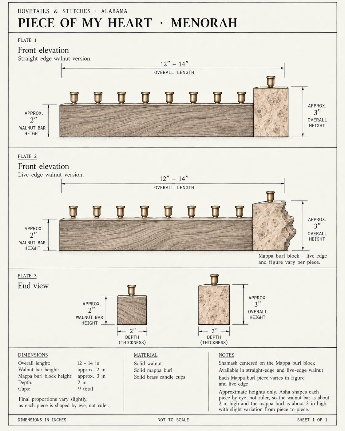detail technical drawing of a unique menorah in walnut & mappa Burl