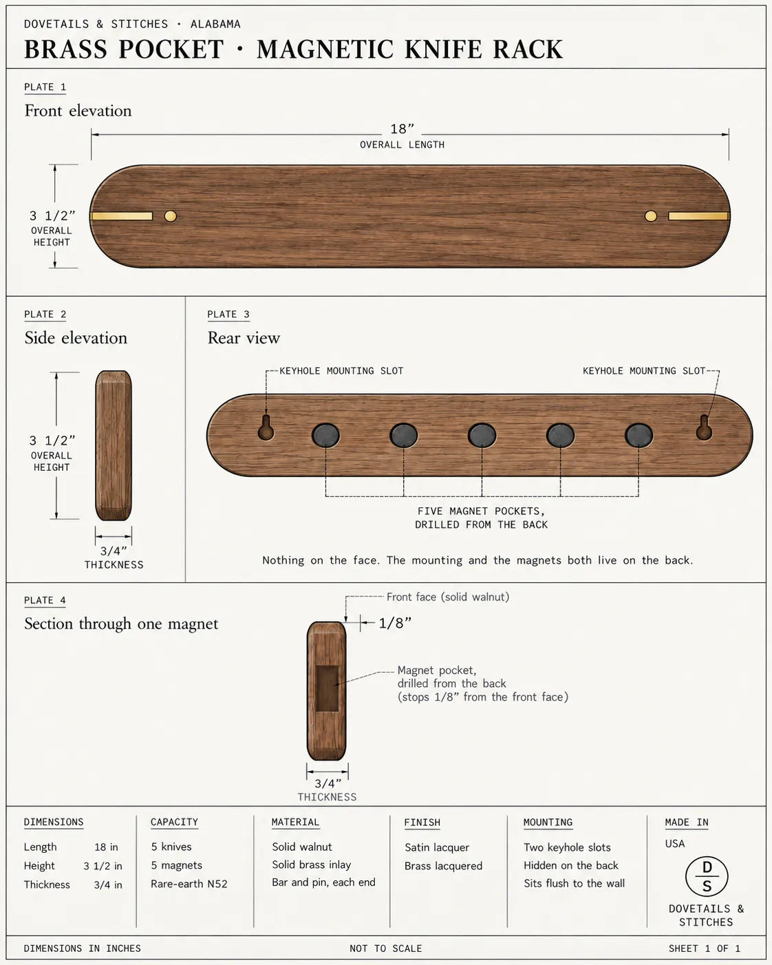 A product specification sheet for the Brass Pocket Magnetic Knife Rack by Dovetails & Stitches, showing front, side, rear, and section views with dimensions, material details, and capacity on a white background.