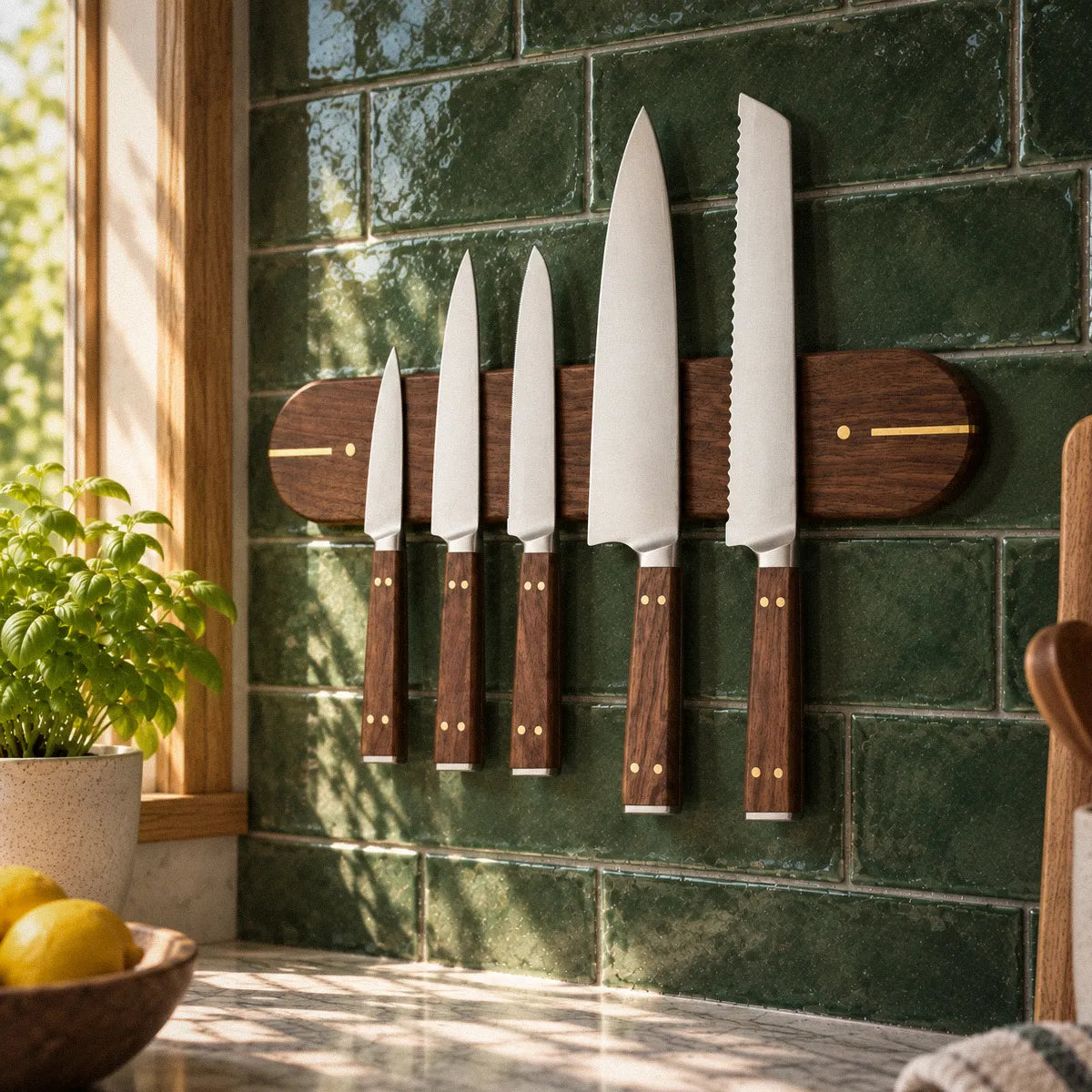 Brass Pocket walnut and brass magnetic knife rack mounted on a kitchen wall holding five knives