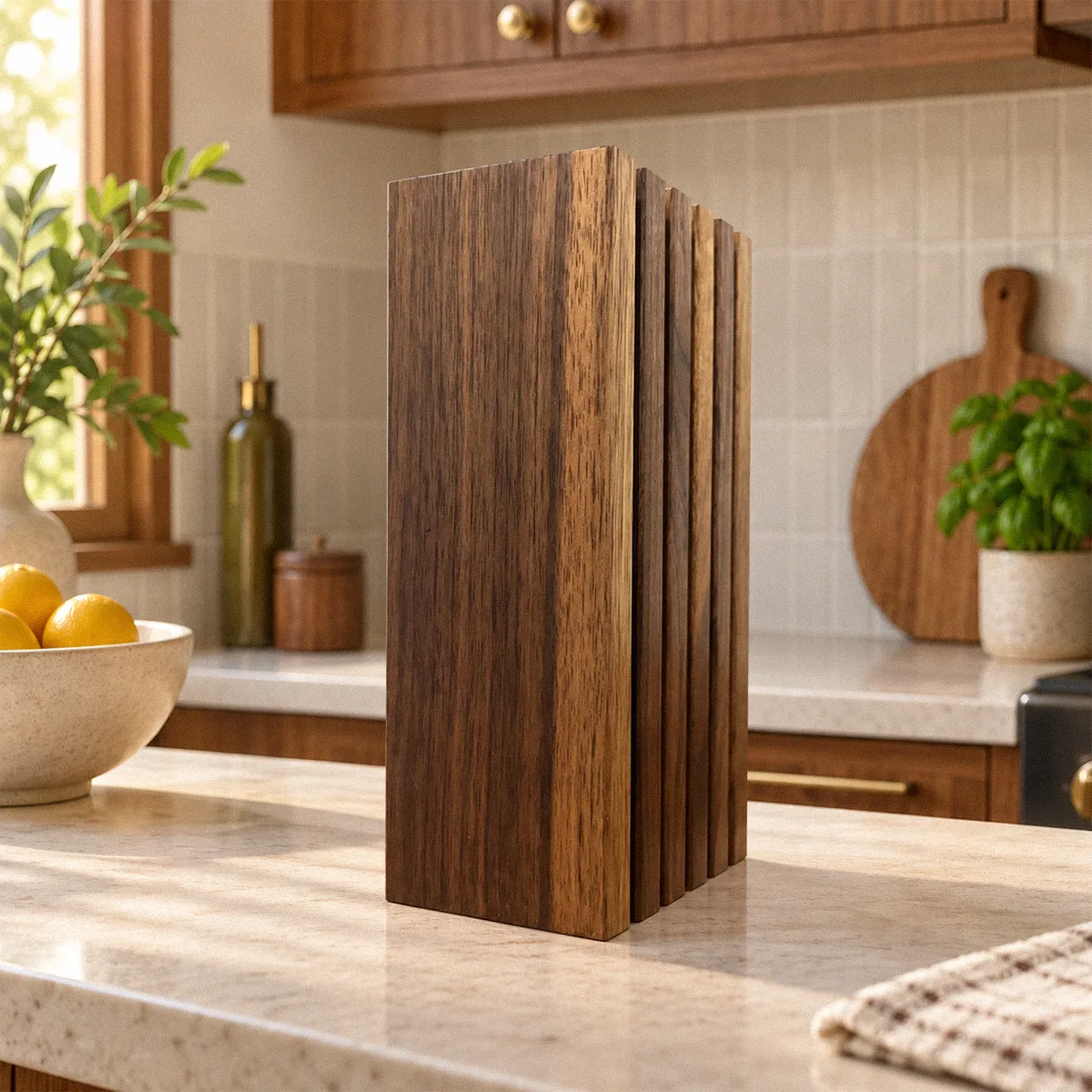 The Chain solid walnut knife block seen from an angle, five slots formed by ebony-dyed white oak dividers between six slats
