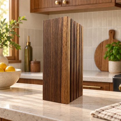 The Chain solid walnut knife block seen from an angle, five slots formed by ebony-dyed white oak dividers between six slats