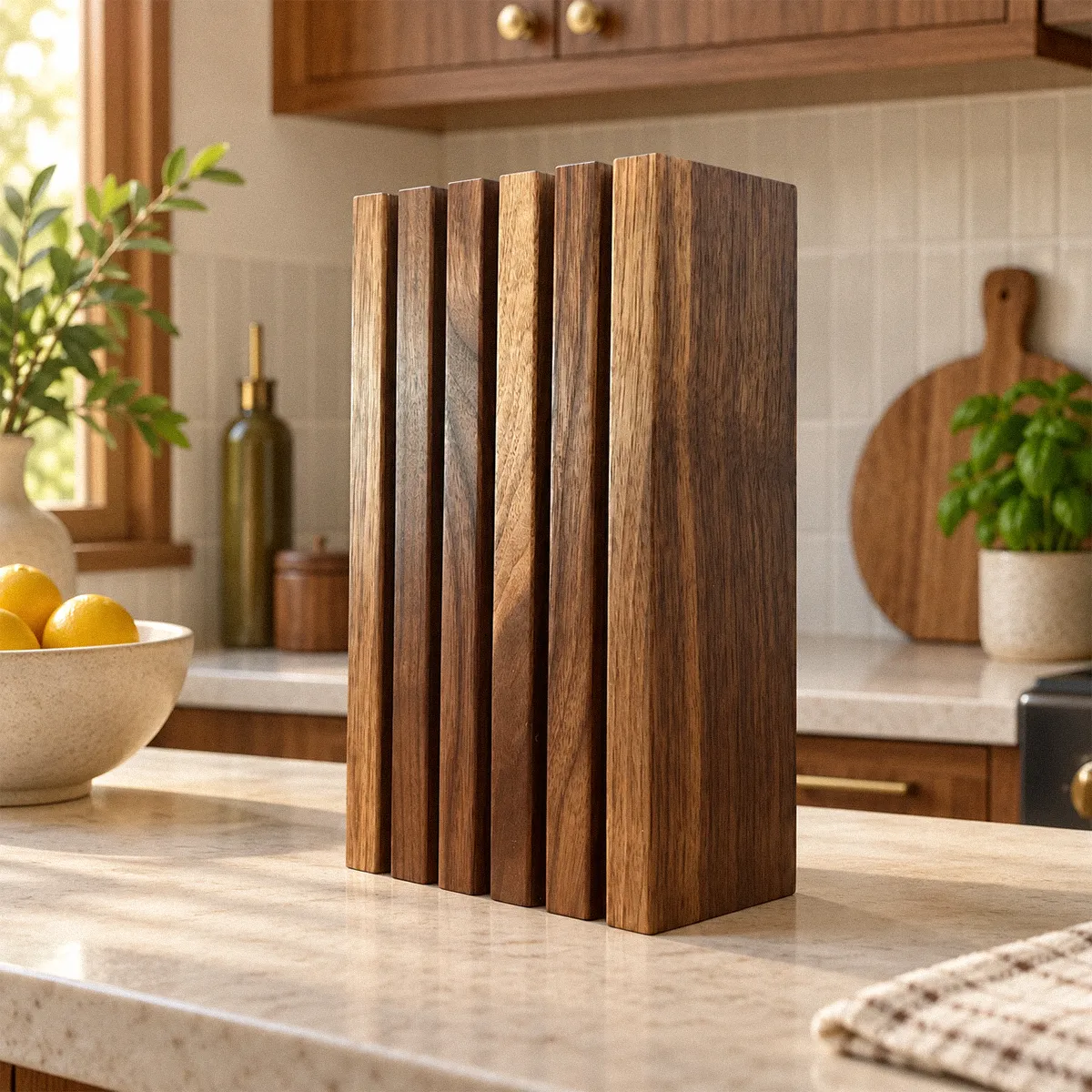 The Chain solid walnut knife block on a kitchen counter, five slots formed by ebony-dyed white oak dividers between six slats