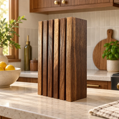 The Chain solid walnut knife block on a kitchen counter, five slots formed by ebony-dyed white oak dividers between six slats