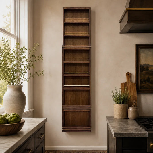 A Taste of Honey mid-century modern walnut spice rack with solid brass rails, wall-mounted in a kitchen.