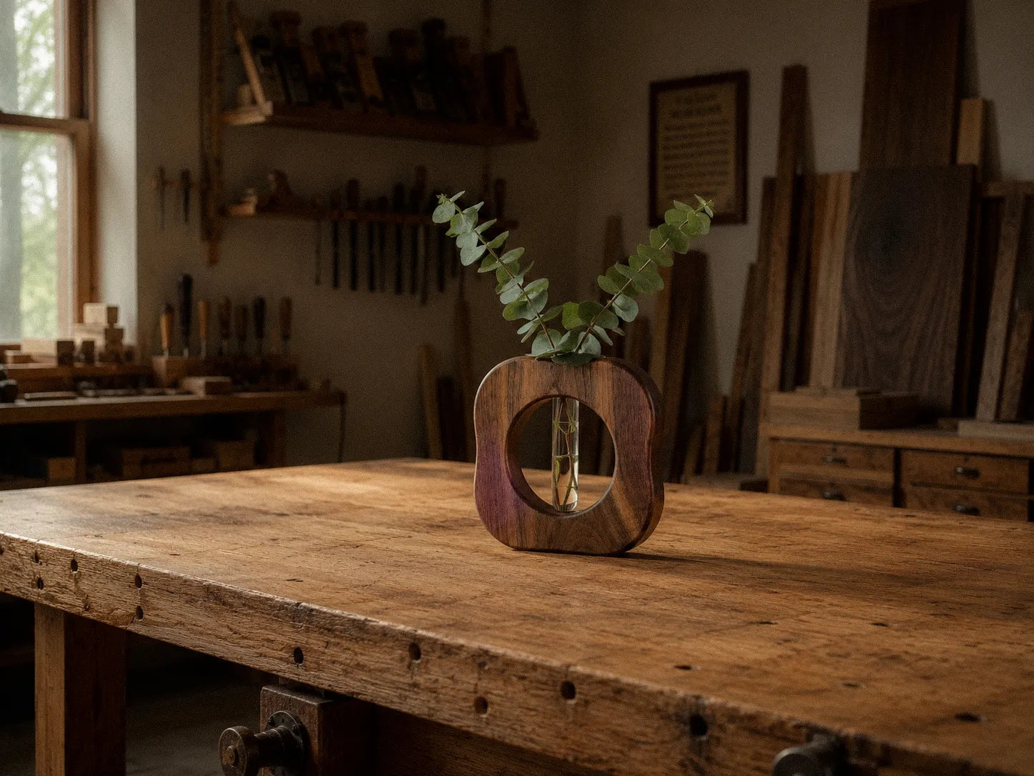 A finished walnut propagation vase holding eucalyptus on the workbench at the end of the day, tools and lumber resting in the quiet studio behind it