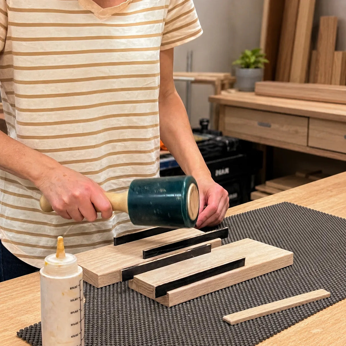 Asha fitting ebony-dyed white oak dividers into the milled grooves of a white oak Chain knife block