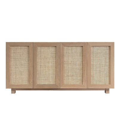 Coastal media console Summer Breeze in white oak and rattan, modern TV stand front view