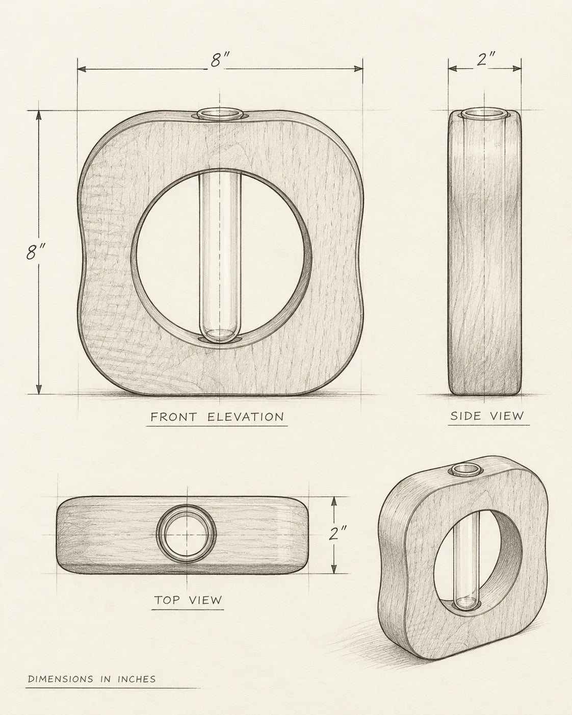 Technical specification sheet for the Will It Go Round in Circles walnut propagation vase, showing front, side, construction, and tube-placement views with 8 x 8 x 2 inch dimensions.