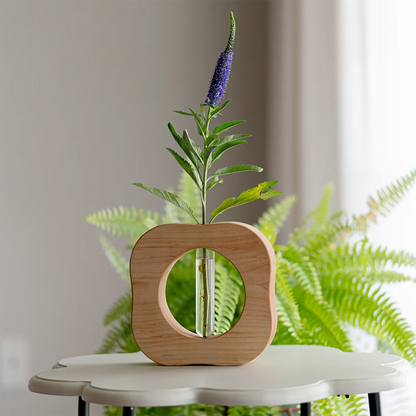 Will It Go Round in Circles propagation vase in maple – front view with glass tube and light hardwood finish.
