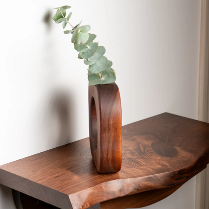 Will It Go Round in Circles propagation vase in walnut – side view highlighting wood grain and clean profile