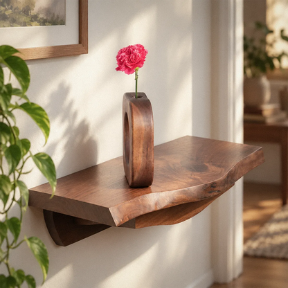 side view of will it go round in circles propagation vase on Ripple the floating console table