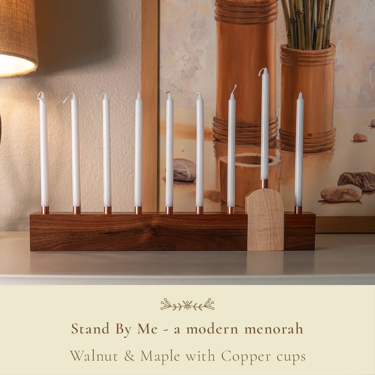 Handmade wooden menorah with a modern, modular walnut and maple design – Stand By Me by Dovetails and Stitches